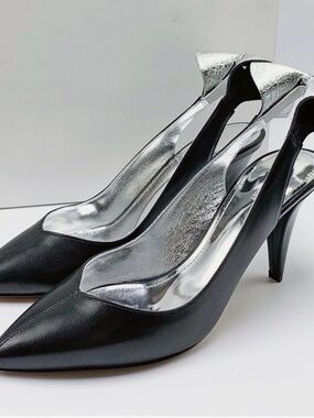 Isabel Marant Black Leather Pointed Slingback Heels with Silver Accents Sz37